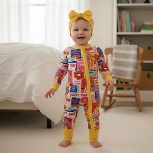 NWT Bamboo Sweet Time Snack Shop Zip Up Yellow Cuffs Multi Color Sleeper